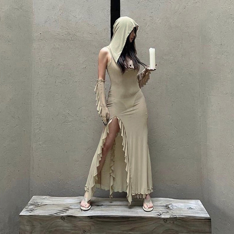 Dune Waste Soil Balaclava Design Solid Color Dress Retro Sexy Slim Fit Slit - Bellarte Enchanté Dune Waste Soil Balaclava Design Solid Color Dress Retro Sexy Slim Fit Slit